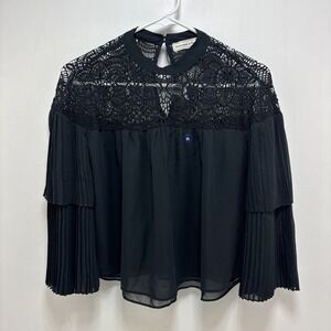 Abercrombie Fitch Womens Black Pleated Bell Sleeve Lace Blouse Size XS Romantic